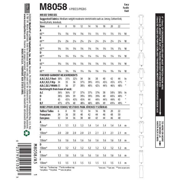 McCalls M8058 Womens Mini Dresses or Tops Sewing Pattern Sizes 4-12 Misses Knits - Picture 2 of 2